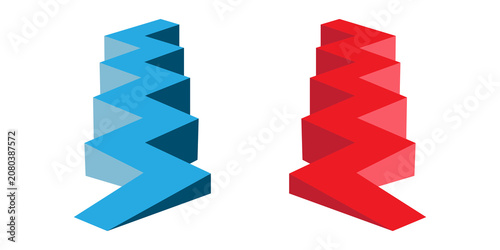 Fotografie Zigzag steps concept featuring two parallel stairways in blue and red representing progress stages and comparative analysis tools