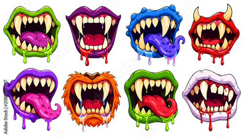 Photos Cartoon monster mouths with sharp teeth and dripping tongues set