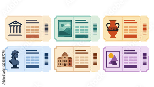 Tableau sur toile Set of retro museum admission tickets with exhibit icons