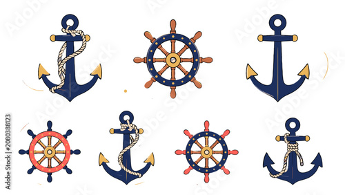 Quadro em tela Nautical icon set with anchors and ship wheels