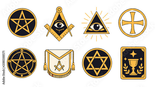 Cuadro en lienzo Occult and esoteric symbol set in black and gold vector style