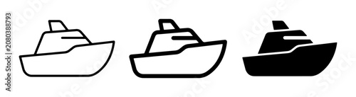 Cruise Ship Icons, Yacht Vector Graphics, Nautical Transport Symbols. Set of three distinct ship illustrations: outline, filled outline, and solid silhouette for travel, leisure