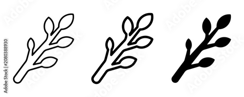 Minimalist botanical branch icons, simple outline and solid fill vector illustrations, elegant plant sprigs for design elements