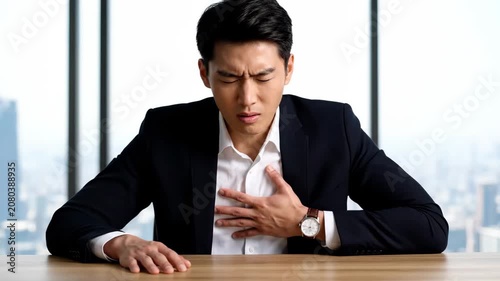 Young Asian businessman experiencing severe chest pain and discomfort while working in his office, indicating potential health issues or stress.