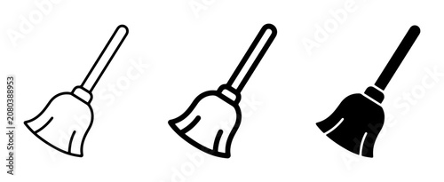 Broom Icons Set, Cleaning Tools Vector Collection, Simple Outline and Solid Black Designs for Household Chores and Hygiene Concepts