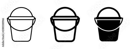 Collection of three simple bucket icons, line art and solid silhouette, representing carrying and storage solutions