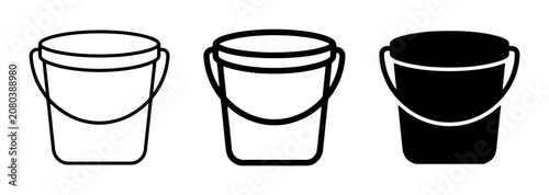 Three Bucket Icons, Simple Outline and Solid Black Vector Graphics for Cleaning, Gardening, and Storage Concepts