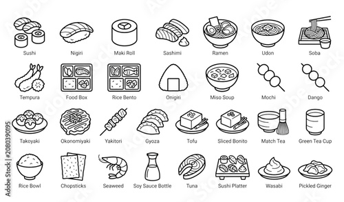 Bild auf Leinwand Japanese Food Line Icon Set