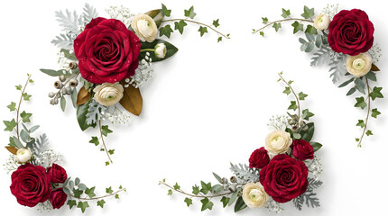 Vibrant Rose and Eucalyptus Foliage Border Frame Invitation Card Layout on White Background