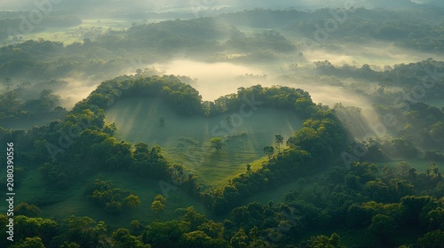 Heart-shaped forest in morning mist
