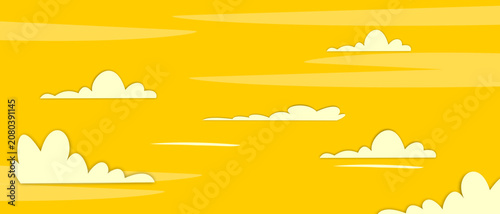 Photos Flat design vector illustration of simple cloud shapes arranged on a warm yellow gradient backdrop with soft shadows