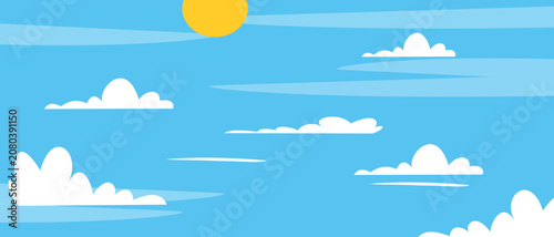 Bright Sunny Day with Fluffy Clouds and Golden Sun in Minimalist Vector Sky Illustration