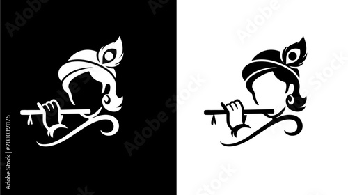 Konstfotografi Lord Krishna face silhouette playing flute on black and white background vector illustration