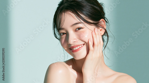 ツヤのある綺麗な肌と白い葉を見せる笑顔の日本人女性美人モデルのポートレート。オーラルケア、スキンケア、コスメ広告用。