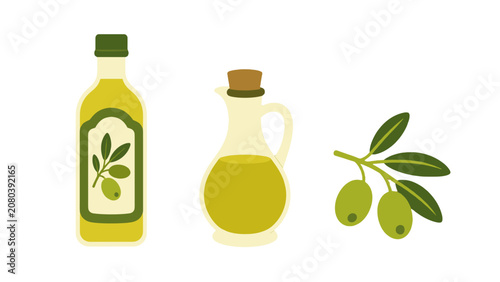 Εκτύπωση καμβά Olive oil bottle, glass cruet, and olive branch vector icons