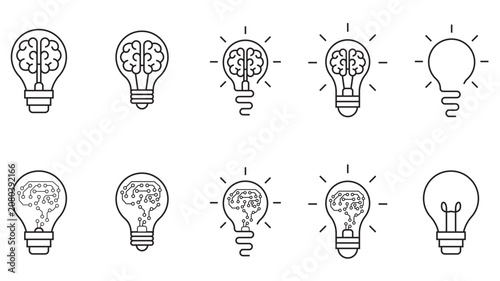 Brainstorming light bulb icons set showing creative thinking and innovation