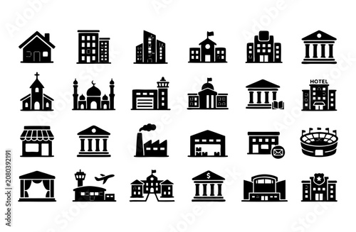 Collection of modern building and house vector icons featuring residential, commercial, office, and public architecture in clean black silhouette style.