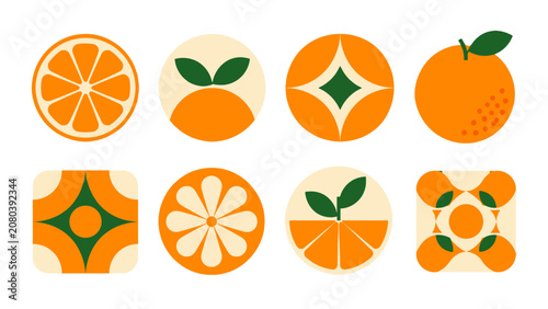 Cuadro en lienzo Geometric orange fruit icons and abstract citrus pattern set