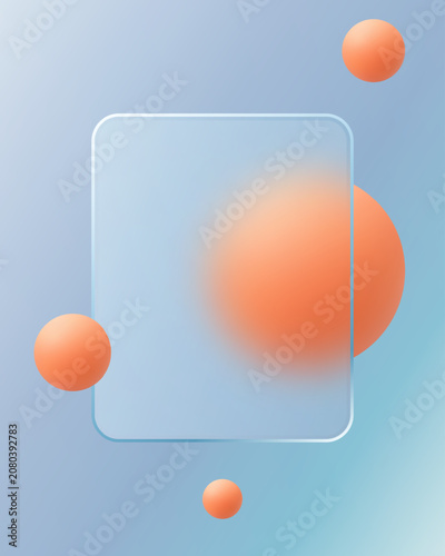 Glassmorphism square card with coral spheres on light blue gradient