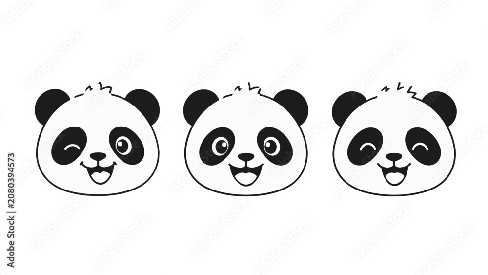 Fototapeta premium Cute cartoon panda head faces in black and white vector set