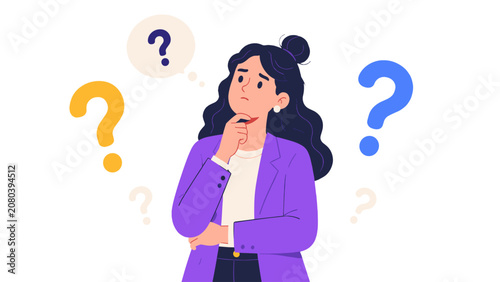Konstfotografi Thoughtful woman surrounded by question marks illustration