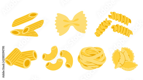 Fotografie Assorted pasta shapes set in yellow isolated vector style