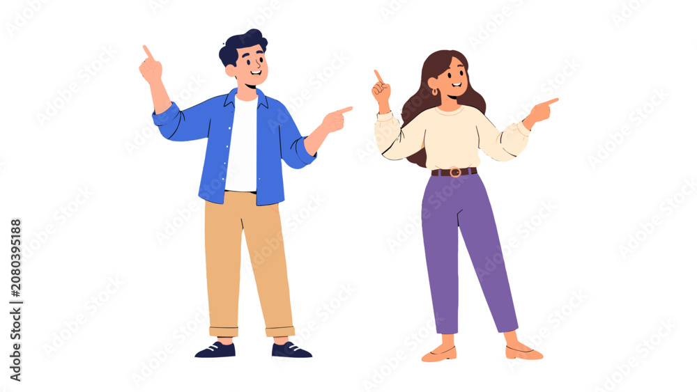 Fototapeta premium Man and woman pointing up and sideways in flat vector style