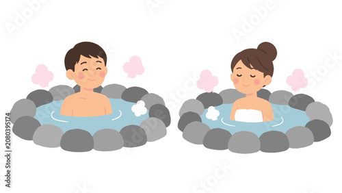 Schilderij op canvas Man and woman relaxing in outdoor hot spring pools
