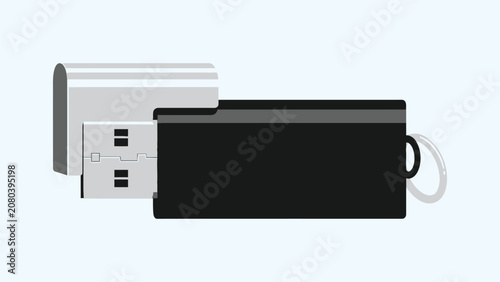 Canvas Print Black USB flash drive vector illustration, portable memory stick with silver swi