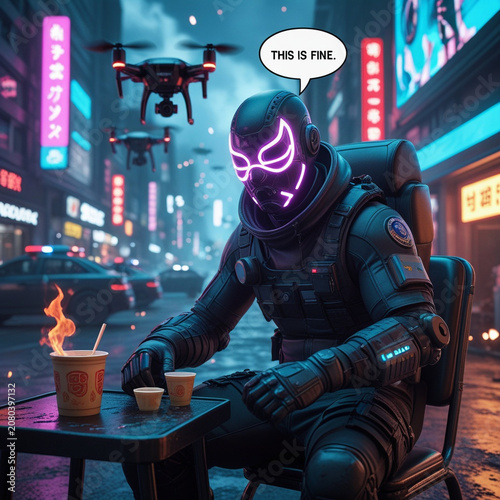 Cyberpunk character sitting in a chaotic futuristic city street while eating ramen, humorously unbothered concept, neon city in ruins background