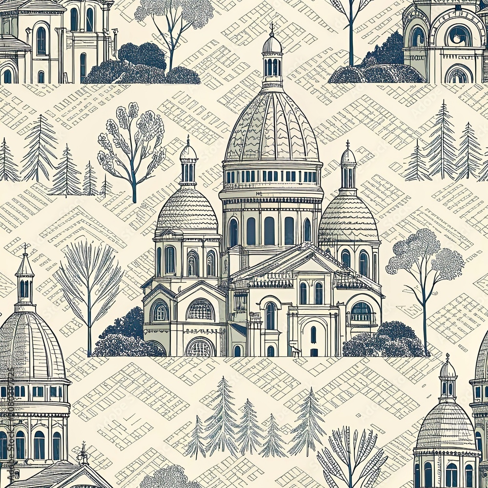 Obraz premium Vintage landscape pattern with majestic cathedral and forest trees for classic interior wallpaper design
