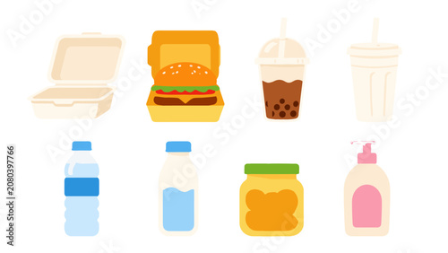Fotografie Vector icons of food containers, drinks, bottles, and packages