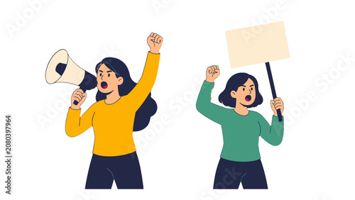 Foto Women protesting with megaphone and blank protest sign