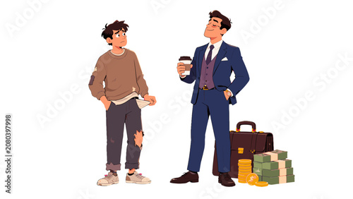 Vászonkép Vector illustration of poor and wealthy men with money contrast