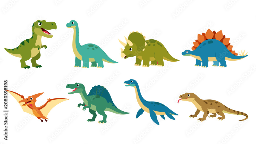 Obraz premium Cartoon dinosaur and prehistoric reptile character set