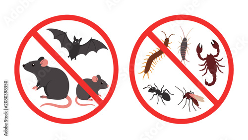 Foto Pest control prohibition icons with rodents, bat and insects