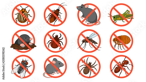 Fotografie Pest control vector icons with insects and rodents set