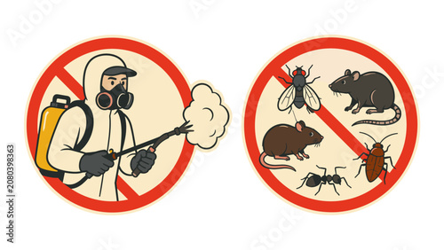 Фотография Pest control worker spraying insects and rodents warning signs