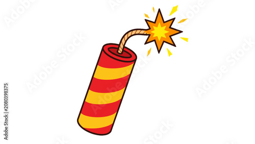 Tablou pe pânză Cartoon firecracker with lit fuse and sparkling burst icon