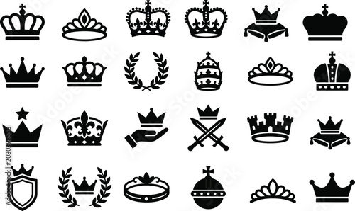 Fotografi Black and white royal crowns and regalia icons set