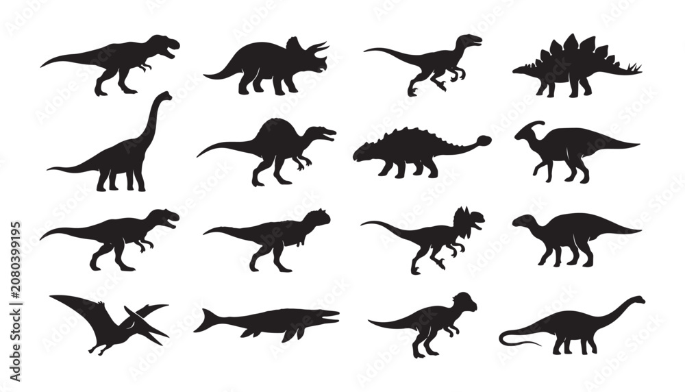 Obraz premium Set of various dinosaur species silhouettes isolated on white background
