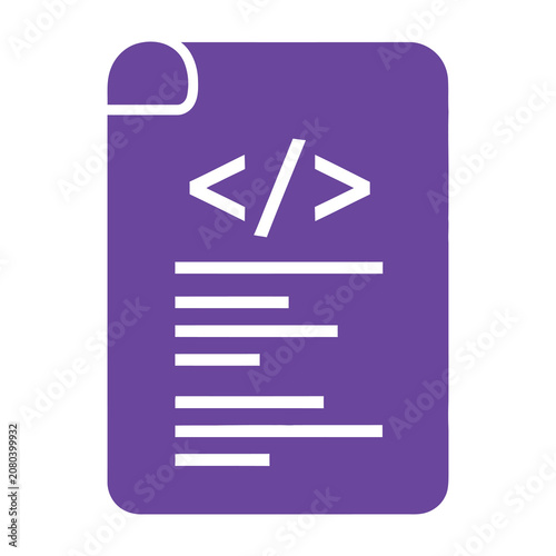Code document symbol with HTML tags on purple background