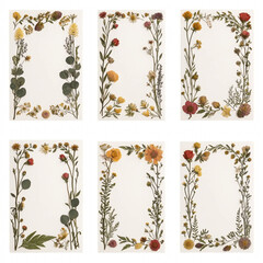 Set of 6 Vintage Pressed Flower Rectangular Botanical Frames Watercolor Illustration