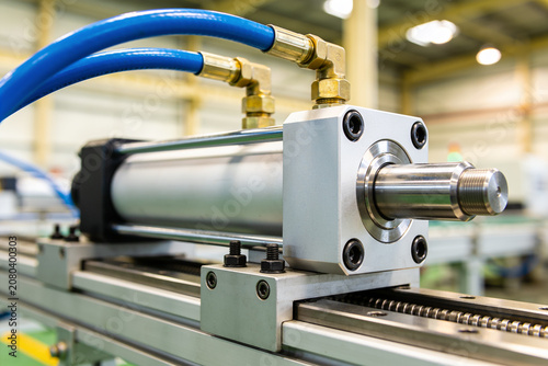 Close-up of an industrial pneumatic cylinder with blue hoses and metal components