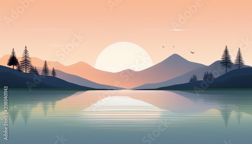 Quiet Lake With Soft Glow And Distant Mountains Serene Minimal Landscape