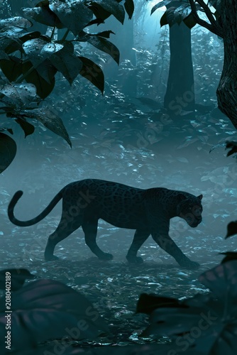 Black Panther Walking Through Misty Jungle At Night Wildlife Scene