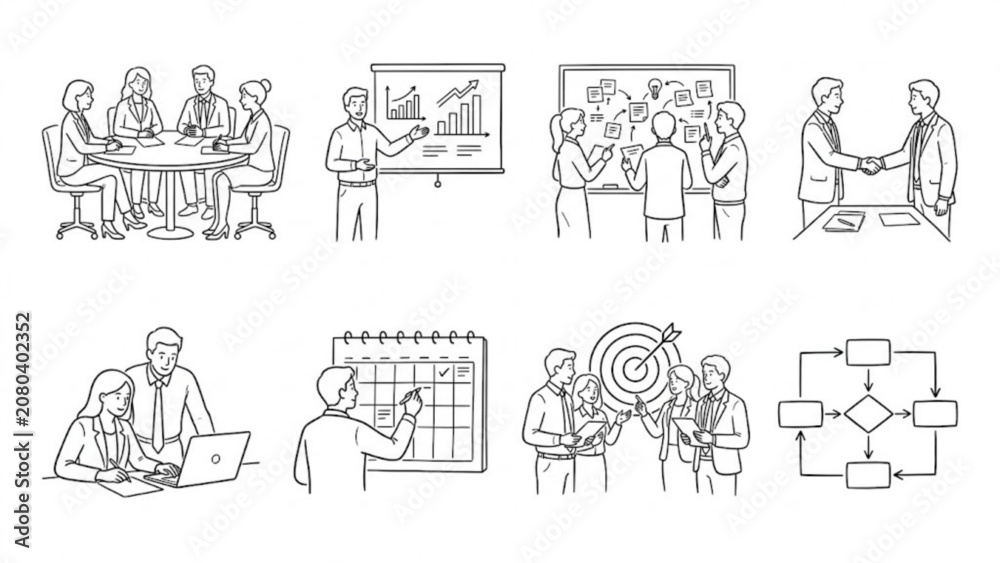 Obraz premium Business Team Collaboration Line Art Illustration Set Office Meeting, Strategy Planning, and Corporate Workflow Scenes