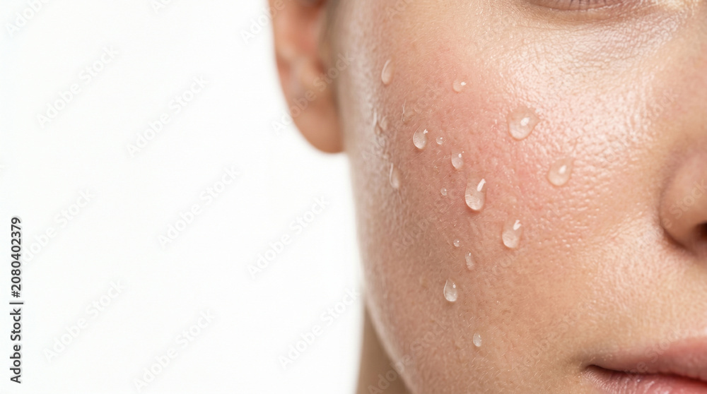 Fototapeta premium Close-up of hydrated woman with fresh water droplets on glowing skin