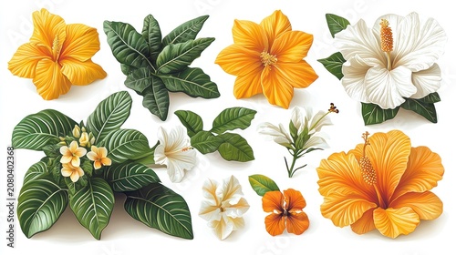 A vibrant botanical arrangement featuring various stylized flowers and lush green foliage
