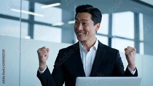 Successful Asian businessman celebrating achievement with fists raised in a modern office environment.